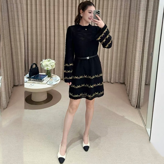 chanel metallic thread openwork long sleeve knit mini dress